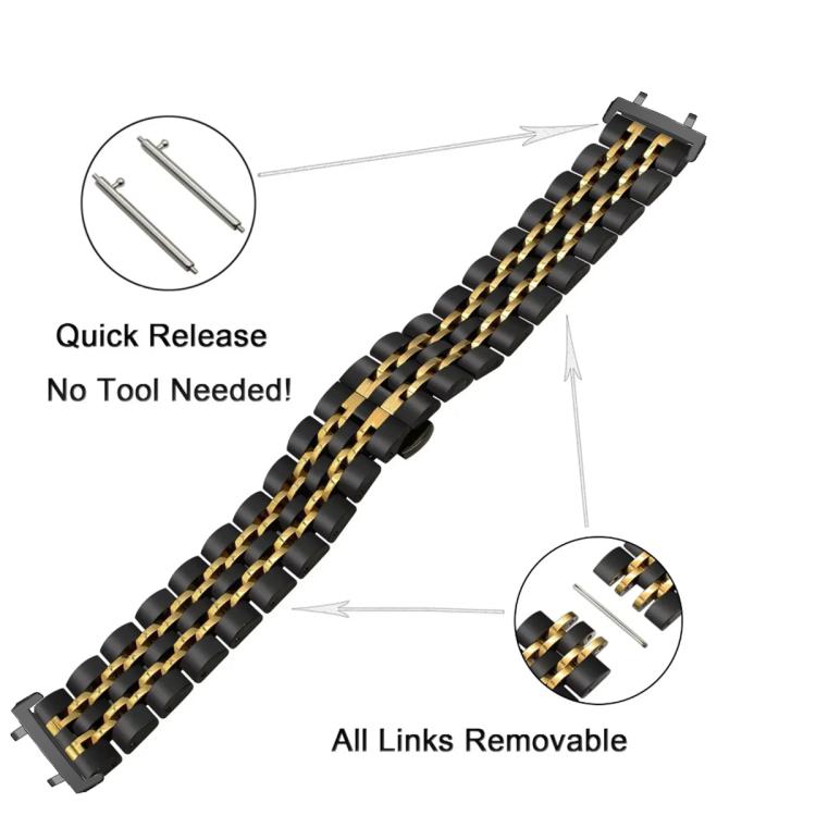 Black and gold stainless steel watch band with removable links and quick-release pins