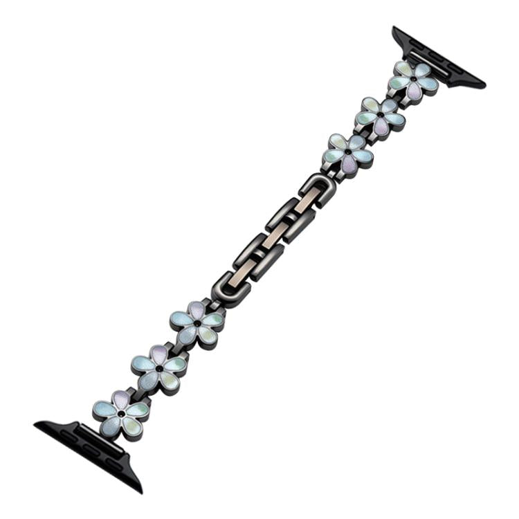 xDfind black metal watch band with pale blue and pastel flower links