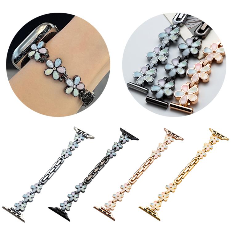 xDfind flower-link metal watch bands in four finishes, including a band worn on the wrist