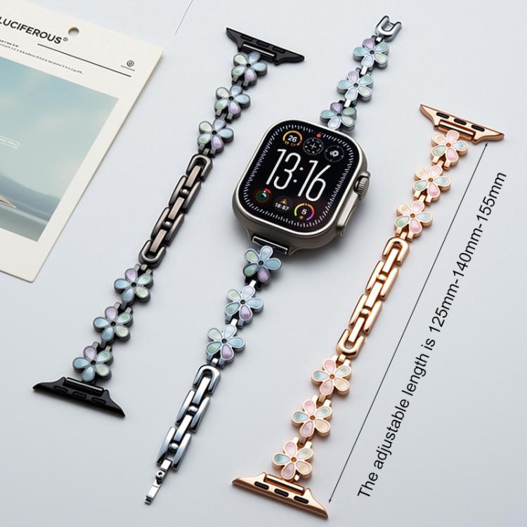 xDfind metal watch bands with flower links in silver, black, rose gold and gold, shown with a smartwatch