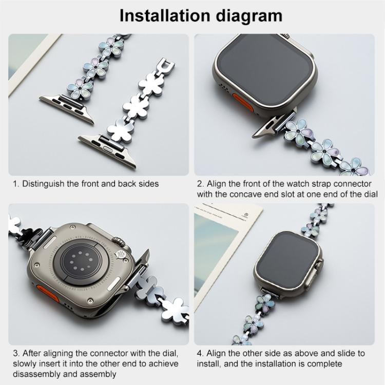xDfind flower-link metal watch band shown in four steps for attaching it to a smartwatch