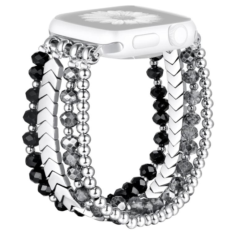 Side view of a black, gray and silver beaded Apple Watch band