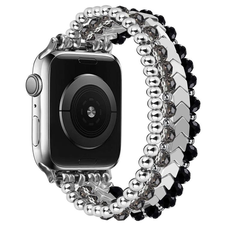 Back view of an Apple Watch with a black, gray and silver beaded band
