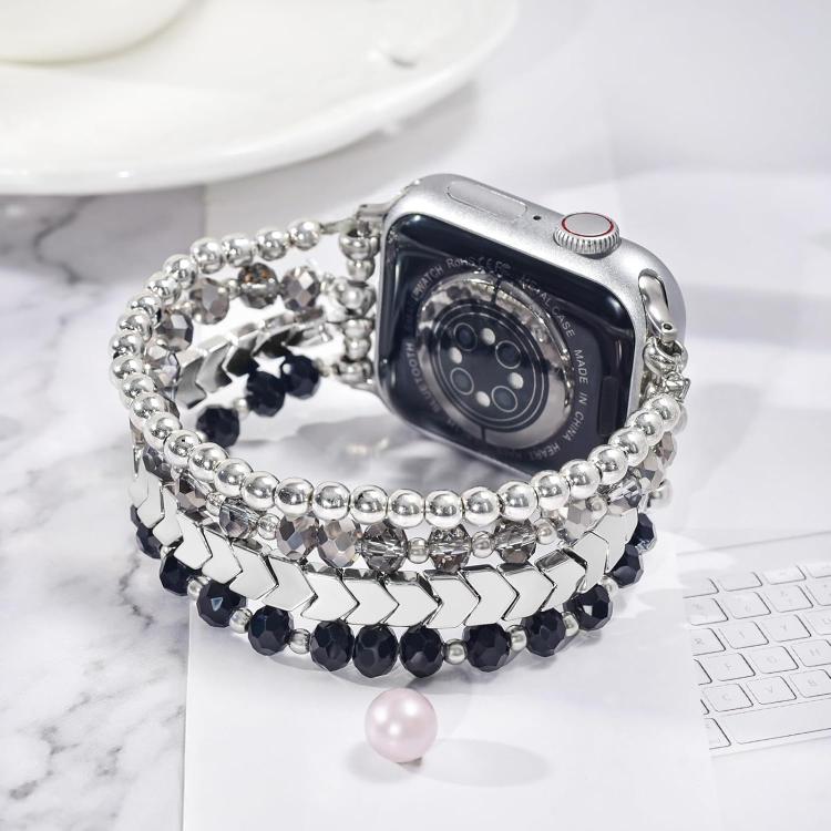 Apple Watch with a black, gray and silver multi-strand beaded band