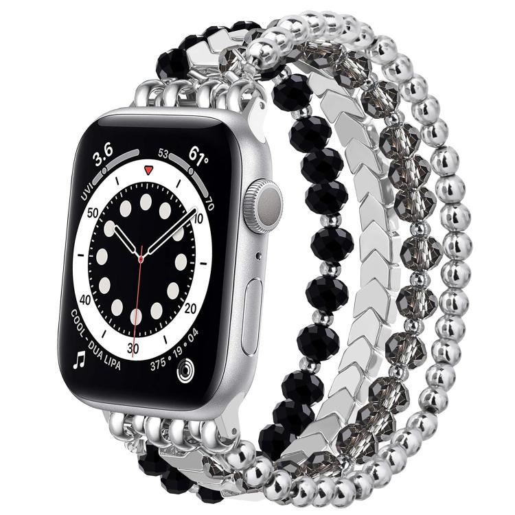 Silver-tone beaded metal watch band with black and clear crystal strands on a silver watch.
