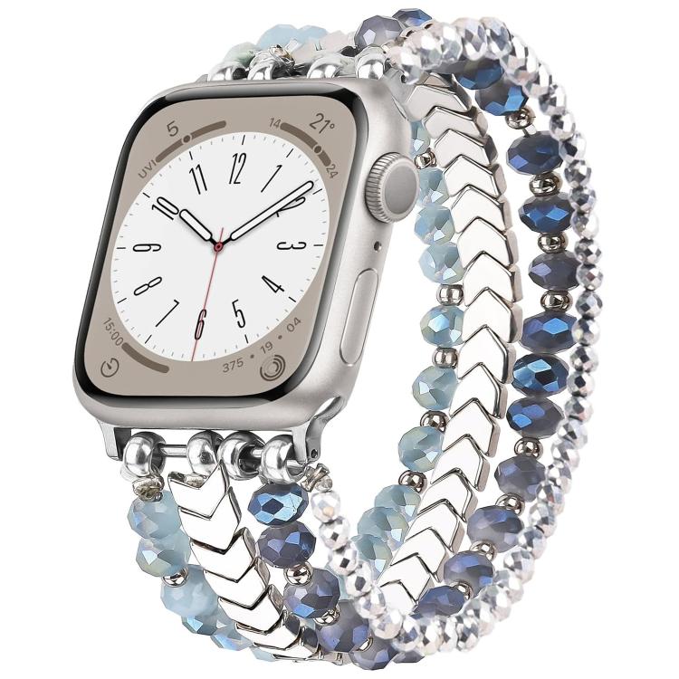Silver-tone beaded metal watch band with blue, gray, and clear crystal strands.