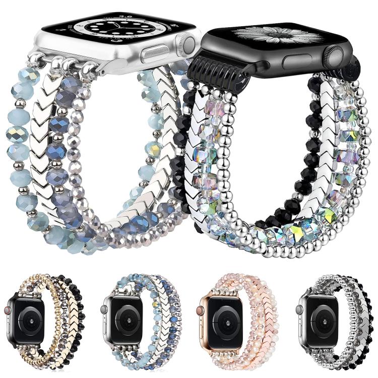 Beaded metal watch bands in blue, black, rose gold, and silver-tone colorways.
