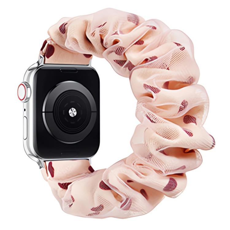 Ruffled organza Apple Watch band in pale pink with burgundy geometric marks