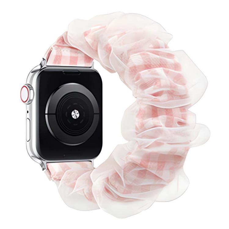 Double-layer organza watch band with sheer ruffles and a pale pink plaid pattern