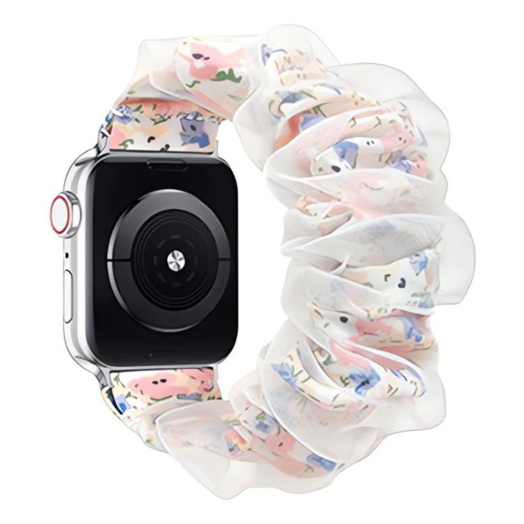 Double-layer organza watch band with sheer ruffles and a pastel multicolor print