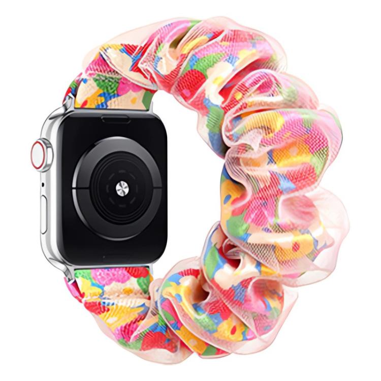 Double-layer organza watch band with sheer ruffles and a bright rainbow pattern