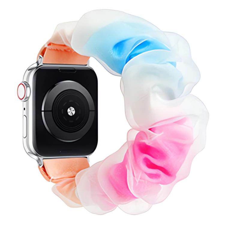 Apple Watch band with sheer ruffles in blue, pink, and orange