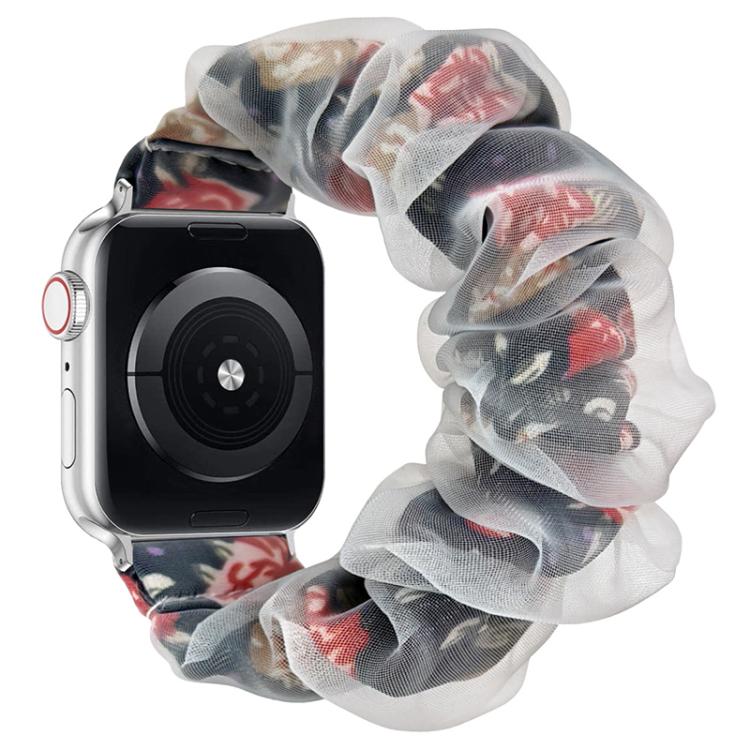 Apple Watch band with sheer gray ruffles and multicolor floral print
