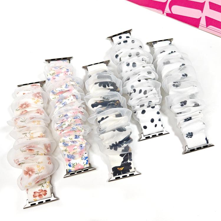 Five sheer ruffled Apple Watch bands with floral, leaf, and spot patterns