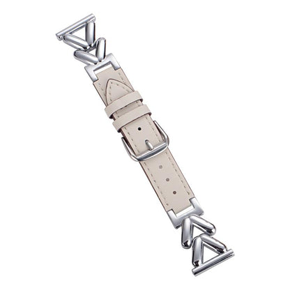 xDfind hybrid leather watch band with light beige strap, silver-tone V-shaped links and buckle