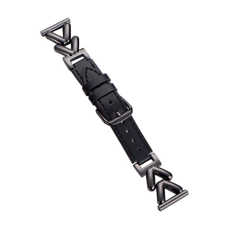 xDfind hybrid leather watch band with black strap and dark metal V-shaped links
