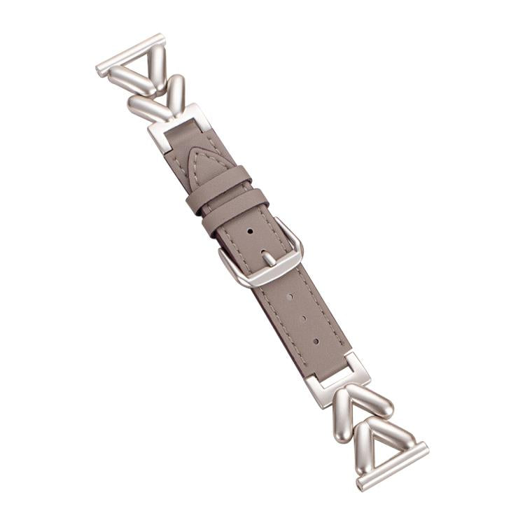 xDfind hybrid leather watch band with taupe strap, silver-tone V-shaped metal links and buckle