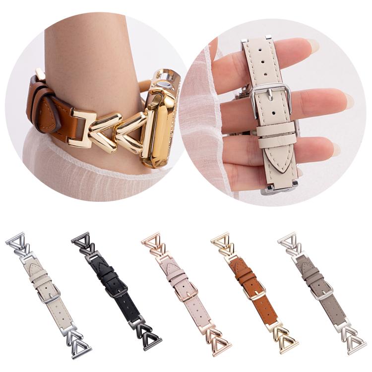xDfind hybrid leather watch band shown on wrist and in hand, with five color options below