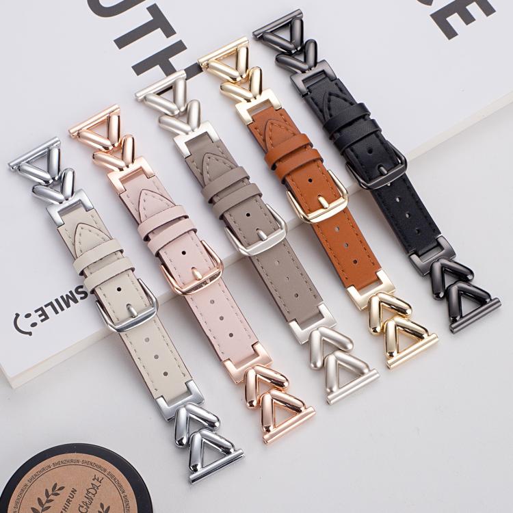 Five xDfind hybrid leather watch bands in silver, rose gold, taupe, gold and black finishes
