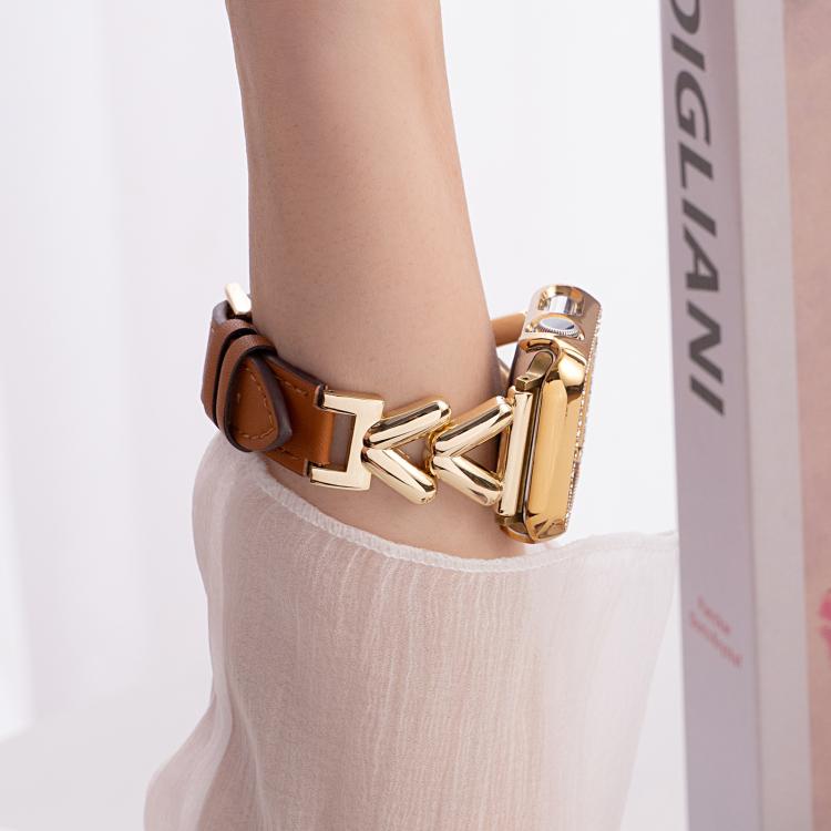 xDfind hybrid leather watch band worn on wrist, with brown strap and gold-tone V-shaped links