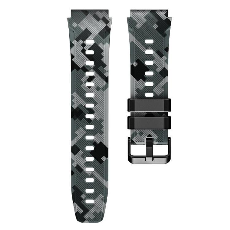 22mm silicone watch band set in black and gray camouflage, with buckle and adjustment holes