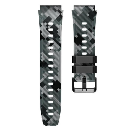 22mm silicone watch band set in black and gray camouflage, with buckle and adjustment holes
