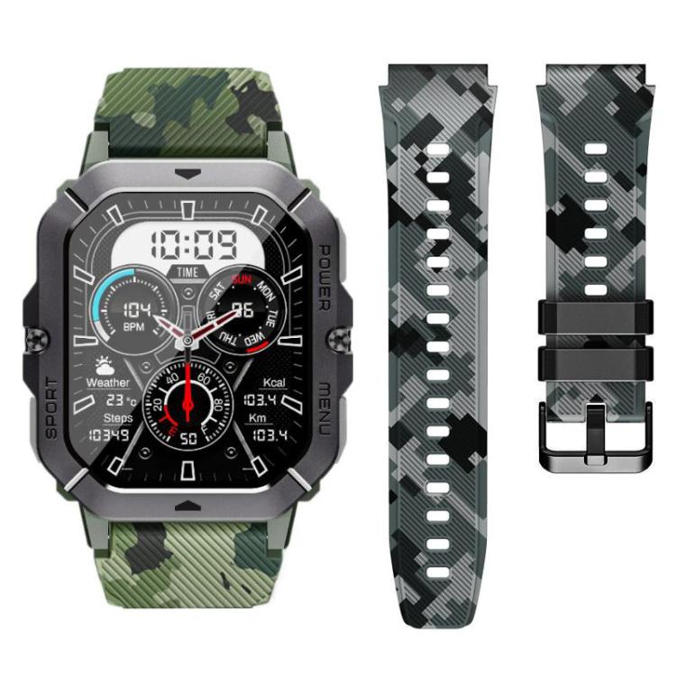 Black and gray camouflage silicone watch band shown beside a smartwatch with green band