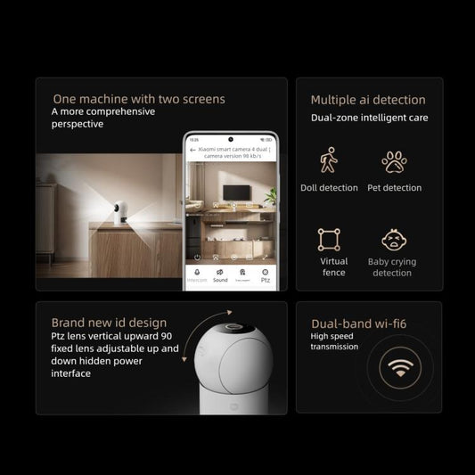 White dual-lens PTZ smart camera with pet and doll detection icon illustrations