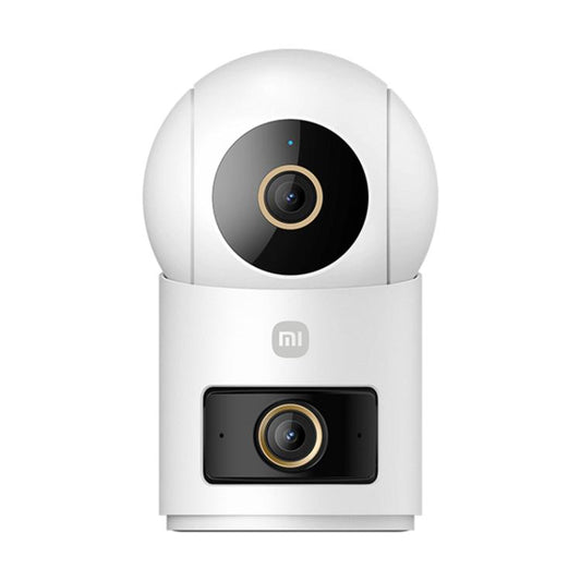 White dual-lens PTZ smart security camera with two visible lenses and mi logo