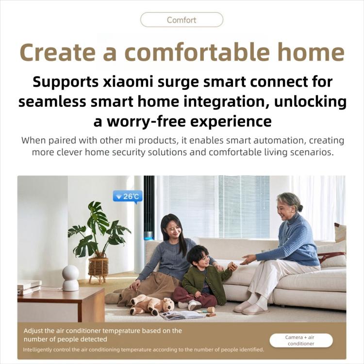 Smart home security camera integration shown on a smartphone and family living room
