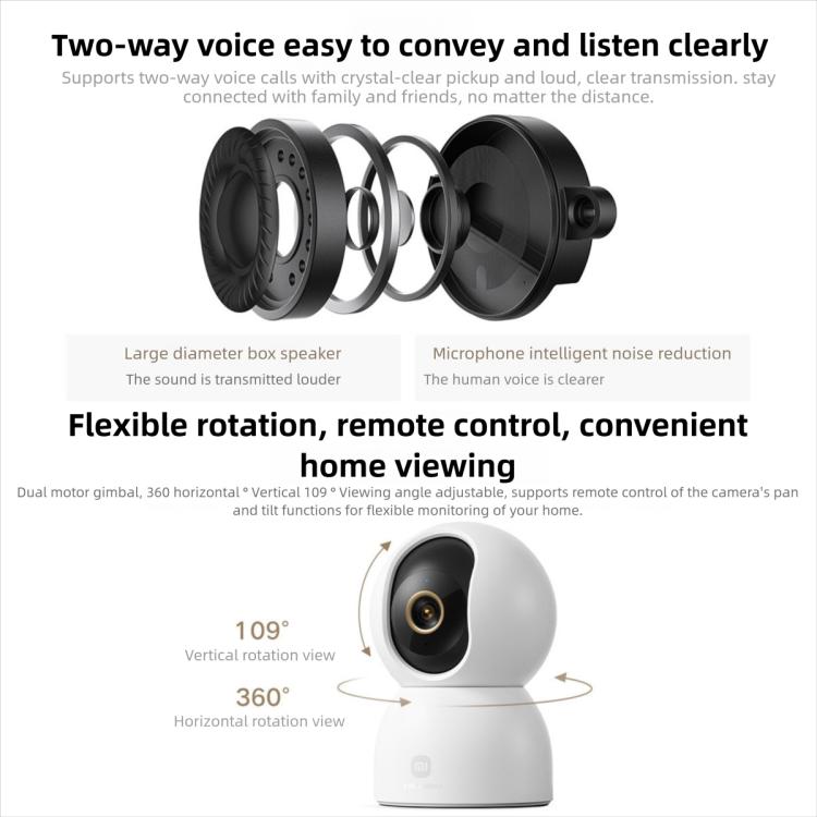 Rotating white security camera with two-way audio speaker and microphone details