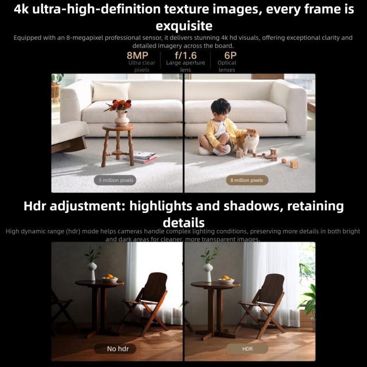 Smart security camera 4K HDR comparison showing indoor scenes with highlights
