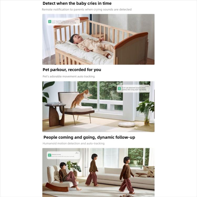 Smart security camera monitoring panels for baby-cry alerts, pet tracking, and follow-up