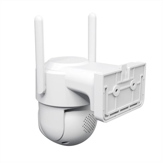 Outdoor security camera with side vents and mounting bracket in white finish