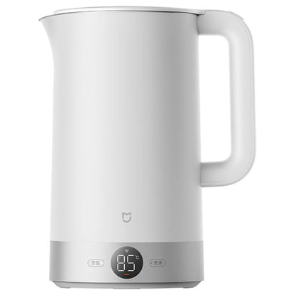 White electric kettle with side handle and front digital temperature display