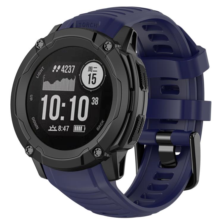 Navy blue silicone watch band fitted to a rugged round smartwatch