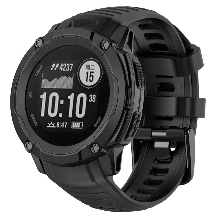 Black silicone watch band fitted to a rugged round smartwatch