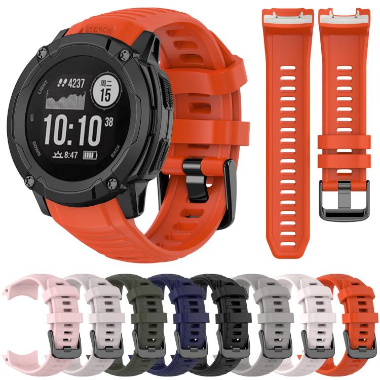 Orange silicone watch band on a watch, with two band pieces and color options.