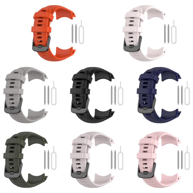 Silicone watch bands in eight colors with quick-release pins.