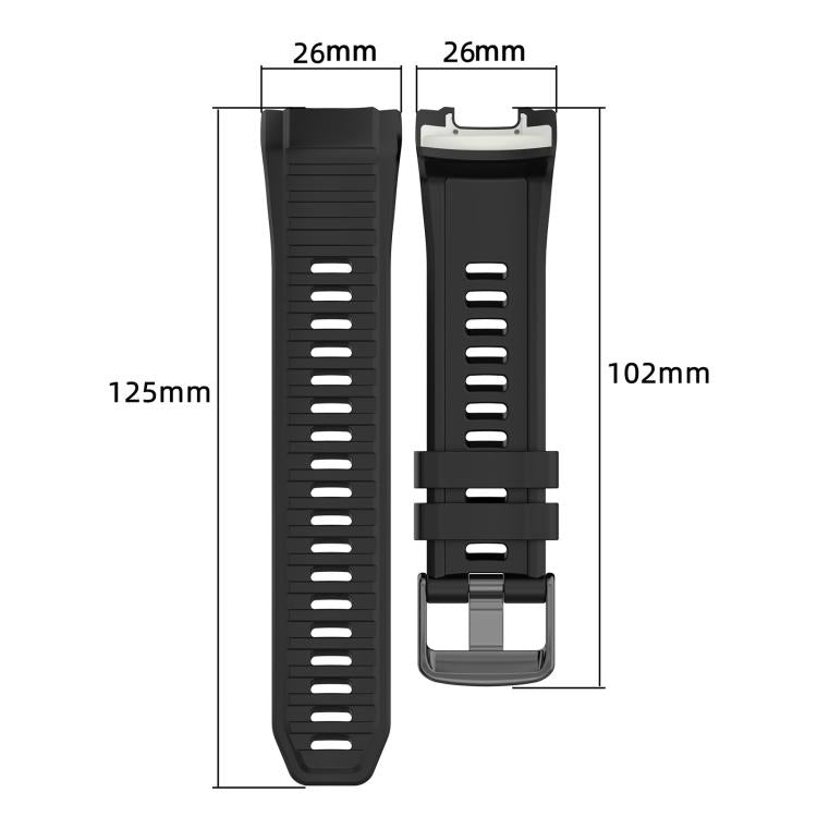 Black silicone watch band with sizing measurements of 125 mm and 102 mm.