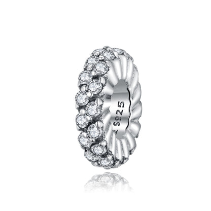 Oxidized silver zircon CZ charm bead ring with circular pave stones, engraved 925