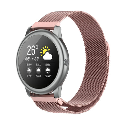 Milanese magnetic watch strap in rose pink with round smartwatch and clasp