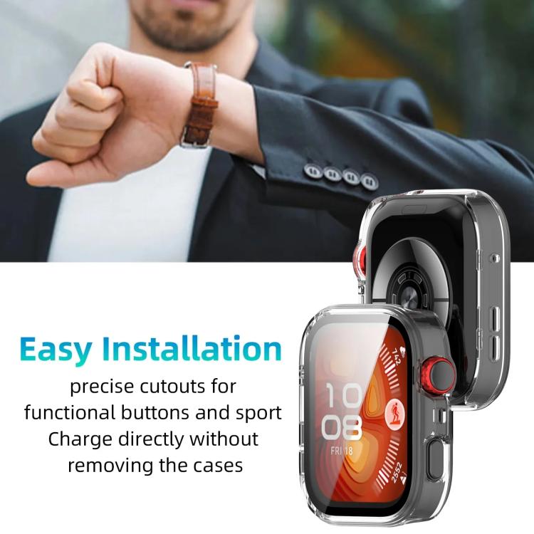 Clear watch cover with precise button cutouts, shown beside a watch