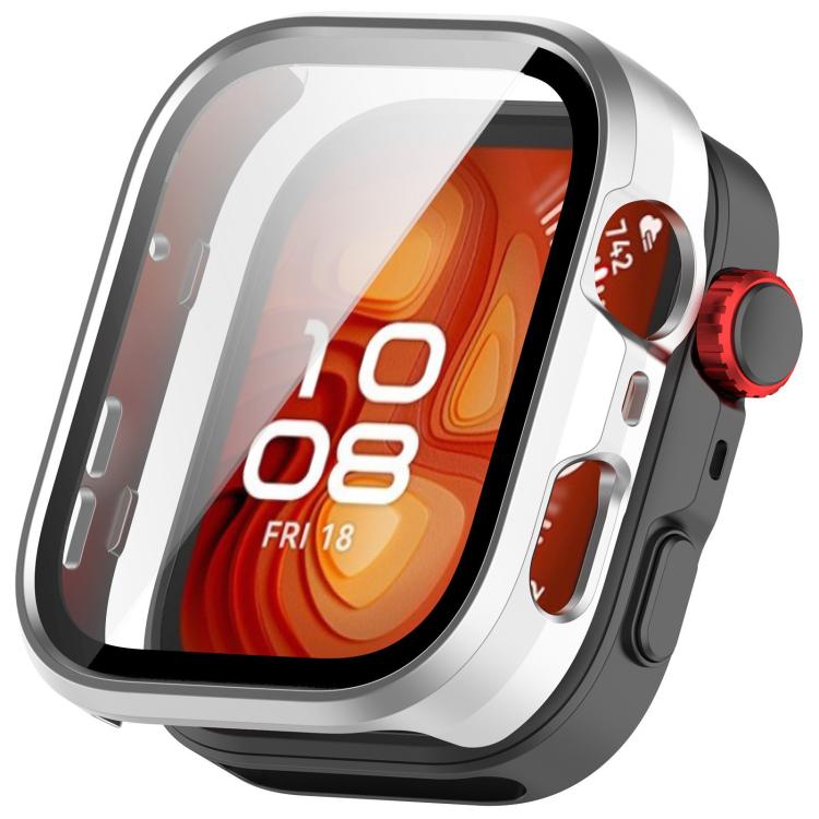 Watch protective case with tempered glass screen cover in silver, shown fitted on a watch