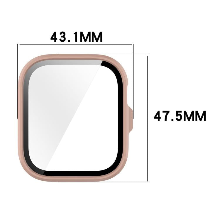 Rose gold watch protective case with tempered glass screen cover, labeled 43.1 by 47.5 mm