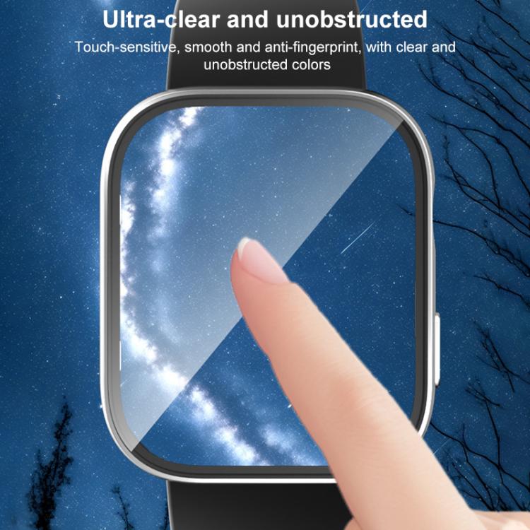 Silver watch cover fitted on a smartwatch, with a finger touching its integrated screen film.