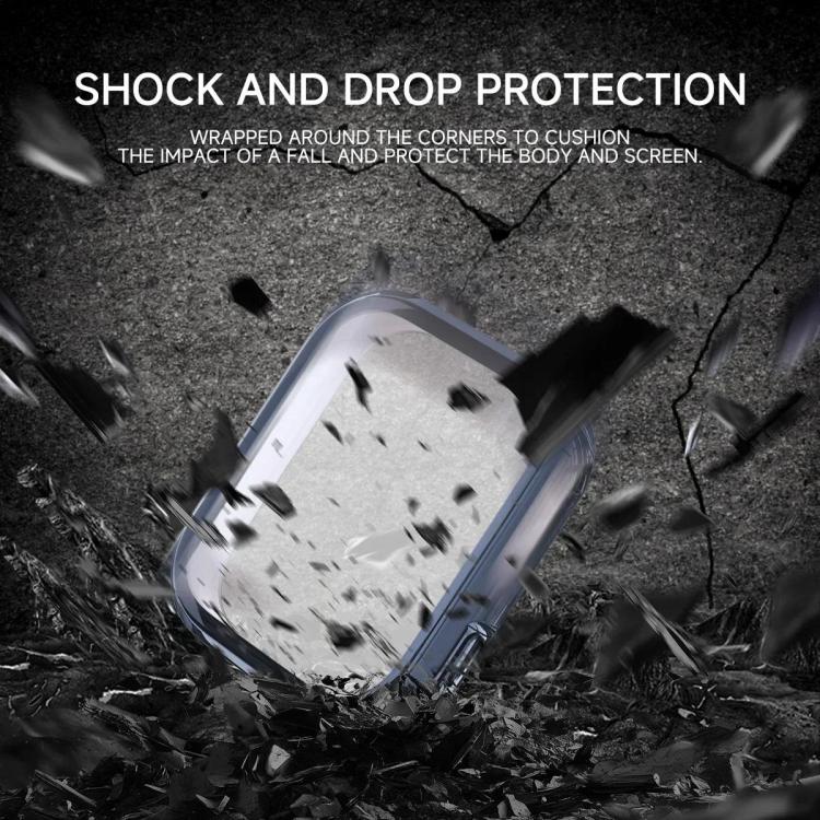 Watch protective cover with integrated screen film shown cushioning a smartwatch during impact.