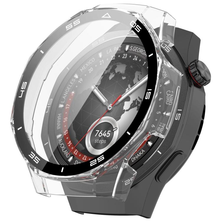 Clear protective watch case with black-and-silver numbered bezel, shown fitted on a watch