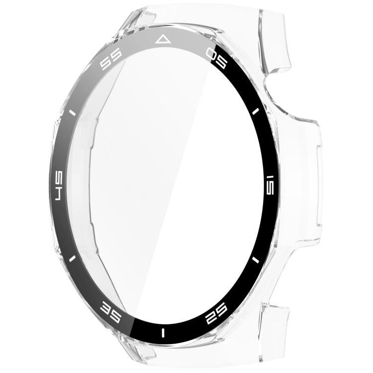 Clear protective watch case with black-and-silver numbered bezel, front view