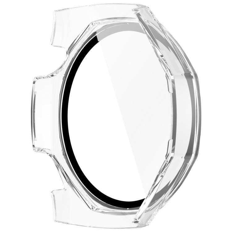 Clear protective watch case with black inner bezel, side angle